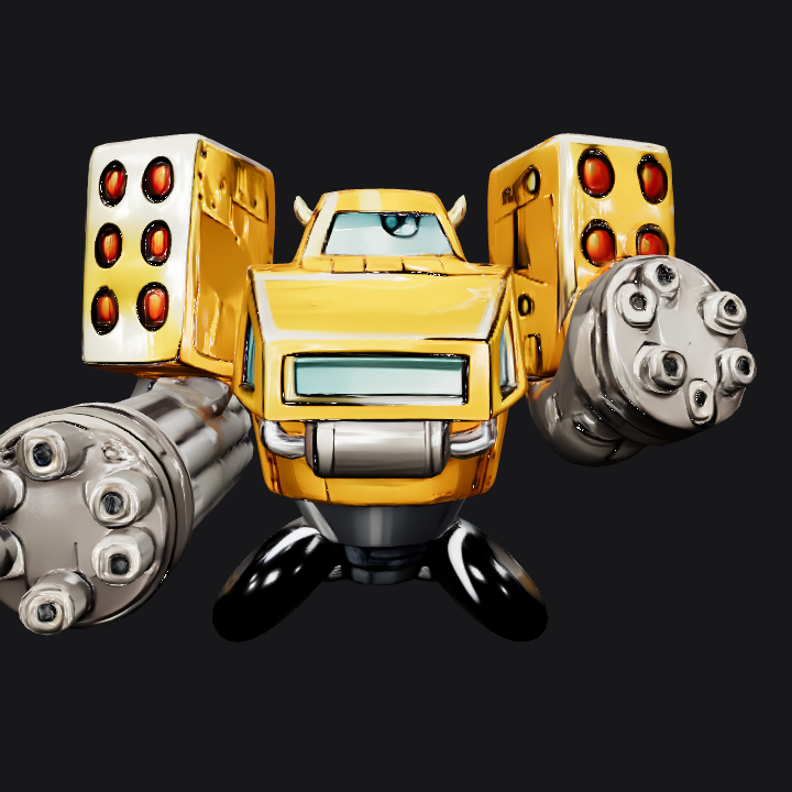 Cartoon robot with large gun arms. sharp edges, complex geometry, game-ready, character.