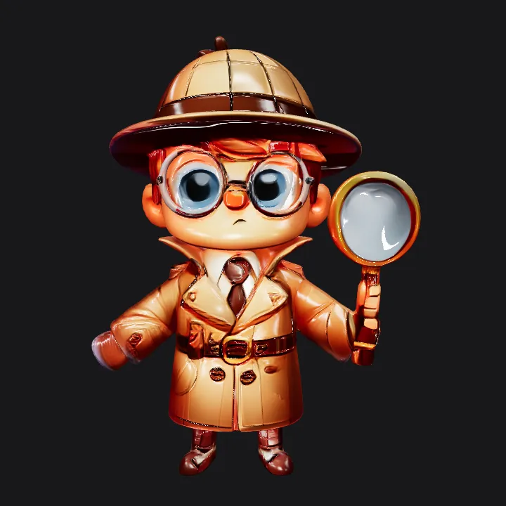 Cartoon detective holding magnifying glass. smooth edges, complex geometry, game-ready, character.