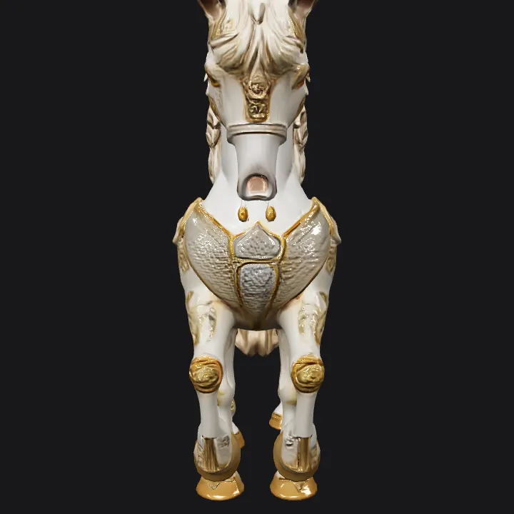 Decorative carousel horse statue. sharp edges, smooth edges, complex geometry, symmetric geometry.