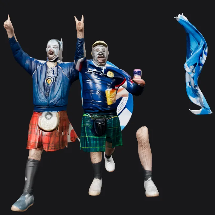 Three men in kilts celebrating. complex geometry, character.