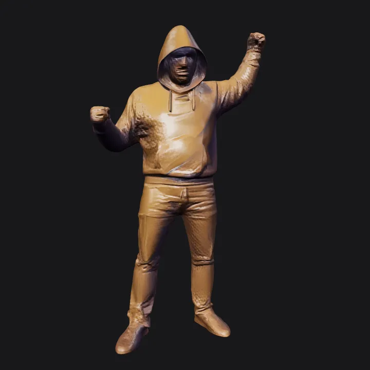 Person in hoodie raising one arm. smooth edges, complex geometry, character.