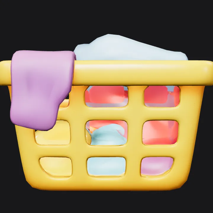 Basket filled with colorful laundry. smooth edges, complex geometry, game-ready.