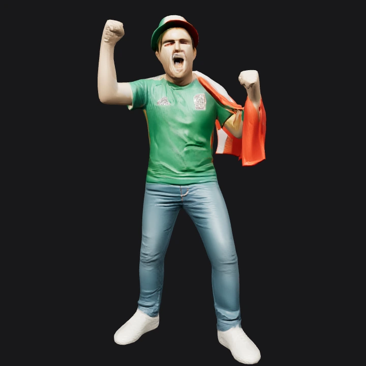 Soccer fan celebrating with flag and jersey. complex geometry, character.