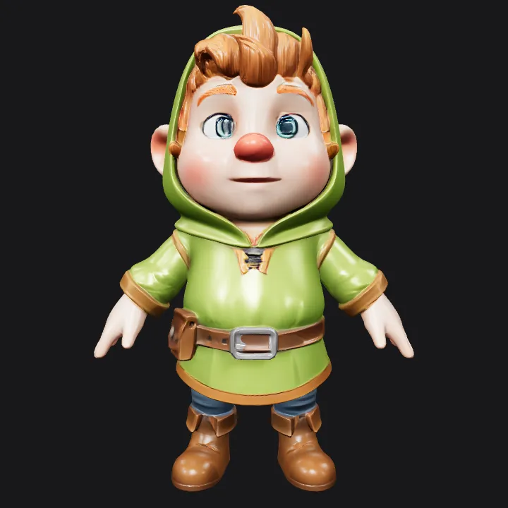 Cartoon boy in green hood tunic. smooth edges, simple geometry, game-ready, character, symmetric geometry.
