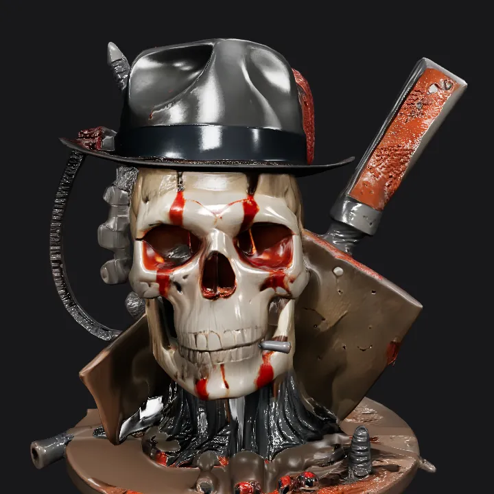 Steampunk skull with hat and knife. sharp edges, complex geometry.