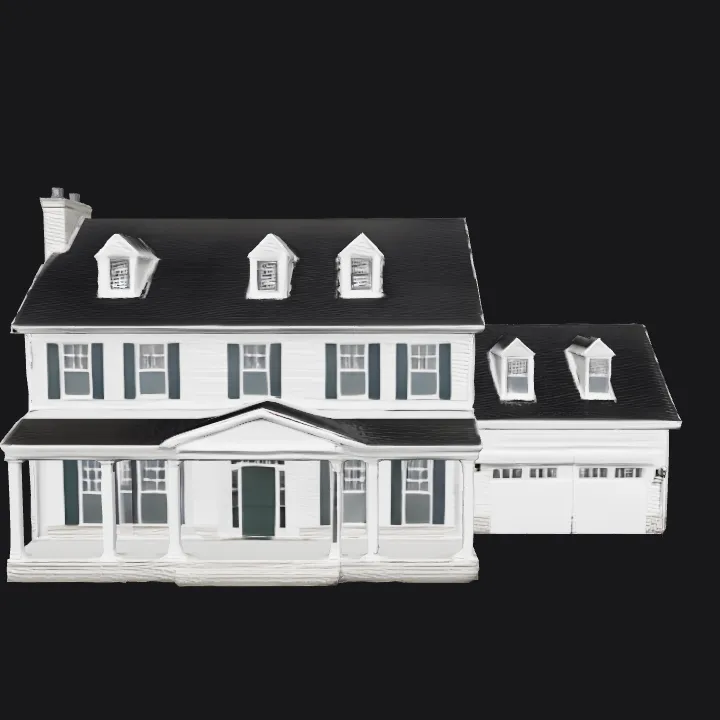 Suburban two-story family house exterior. sharp edges, complex geometry, symmetric geometry.