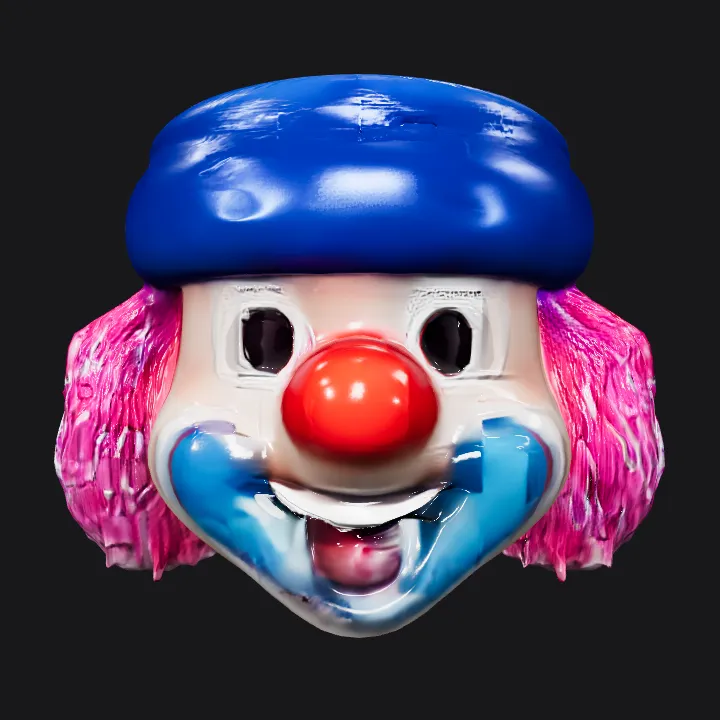 Clown face mask with blue hat and red hair. smooth edges, simple geometry, character, symmetric geometry.