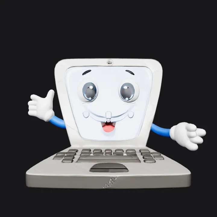 Cartoon laptop character with smiling face. smooth edges, simple geometry, character.