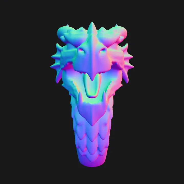 Dragon head sculpture with open mouth. sharp edges, complex geometry, game-ready, character, symmetric geometry.