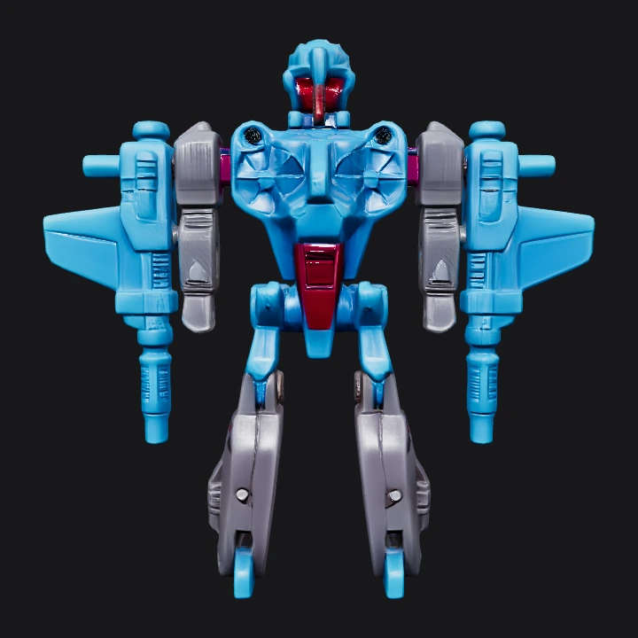 Blue and gray toy robot figure. sharp edges, complex geometry, game-ready, character, symmetric geometry.