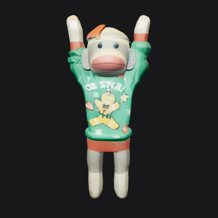 Sock monkey plush toy with sweater. smooth edges, simple geometry, character, symmetric geometry.