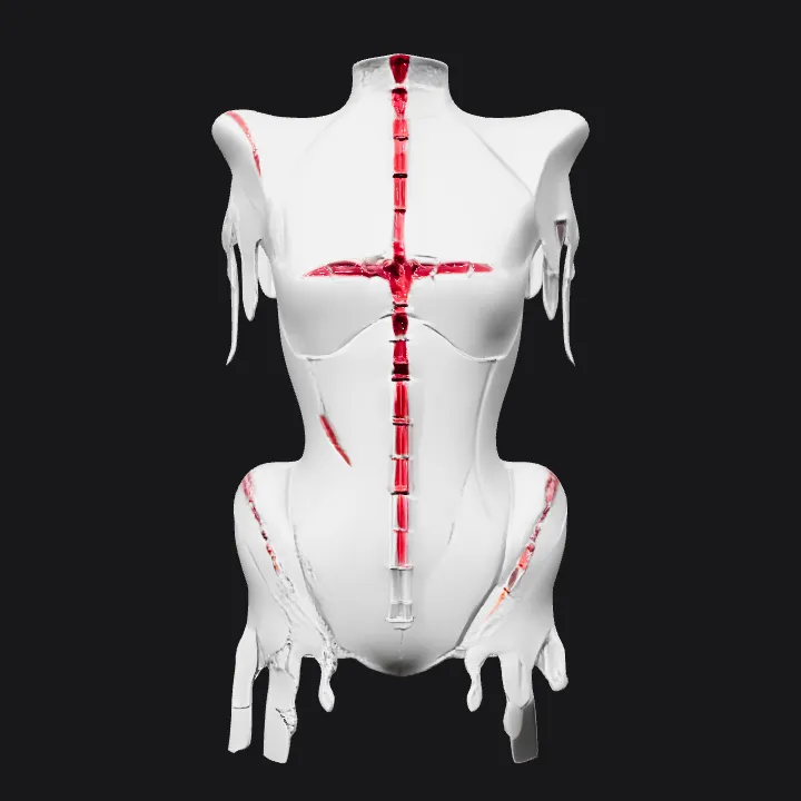 futuristic mannequin torso with ripped effect. sharp edges, complex geometry, symmetric geometry.