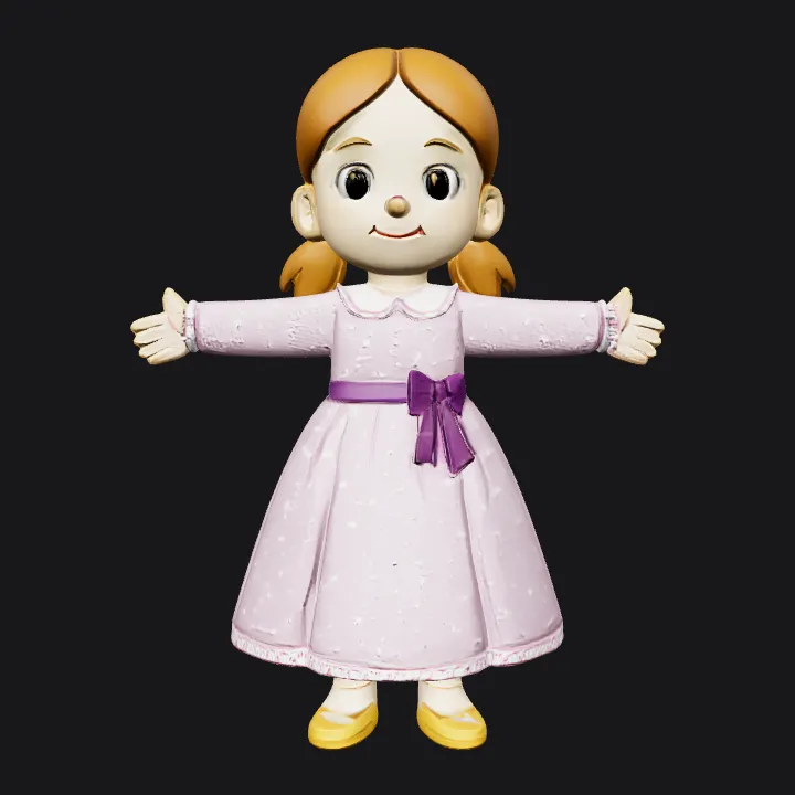girl in a purple dress with bow. smooth edges, simple geometry, character, symmetric geometry.
