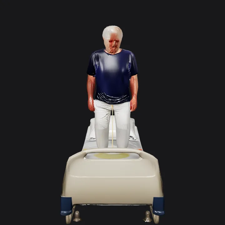 Elderly person standing beside hospital bed. complex geometry, smooth edges, character.