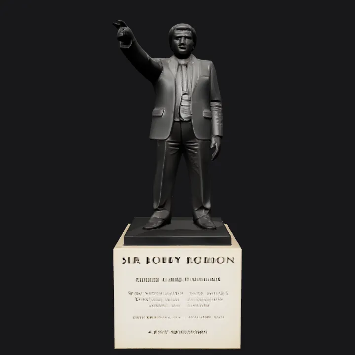 Statue of a man in a suit pointing. smooth edges, complex geometry, character.