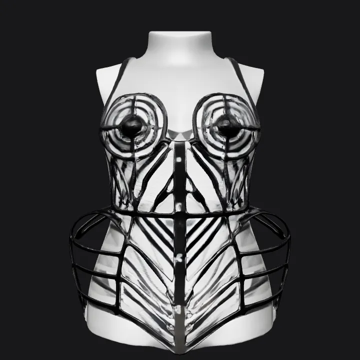 torso wearing geometric metal corset. sharp edges, complex geometry, symmetric geometry.