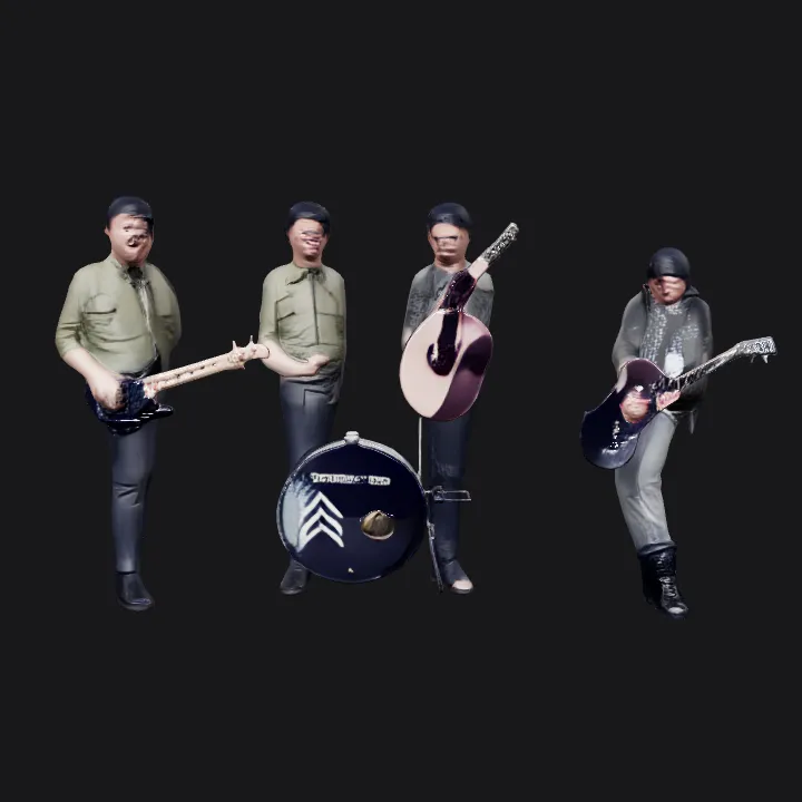 four people playing musical instruments in a band. complex geometry, character.