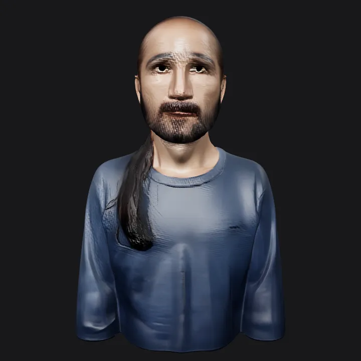 Man with long hair tied back. smooth edges, complex geometry, character.