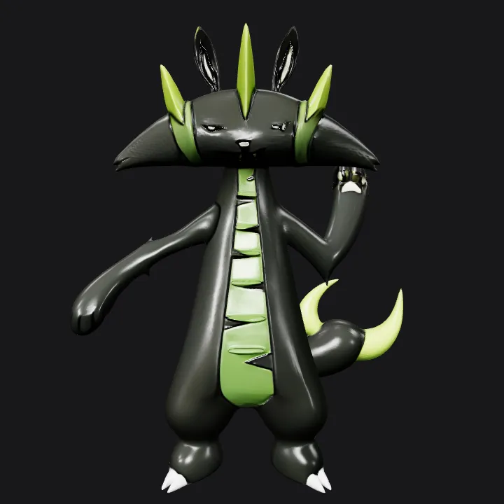 Cartoon monster with green and black body. smooth edges, simple geometry, game-ready, character, symmetric geometry.