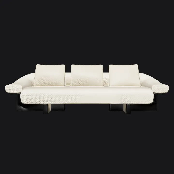 Modern beige sofa with three cushions. smooth edges, simple geometry, symmetric geometry.