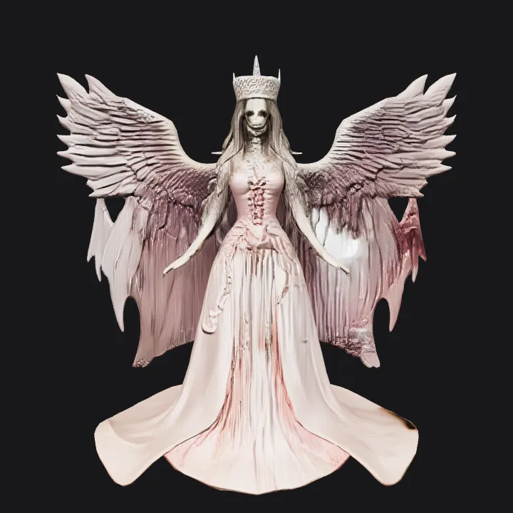 Angel-like female figure in elaborate dress. smooth edges, complex geometry, character, symmetric geometry.