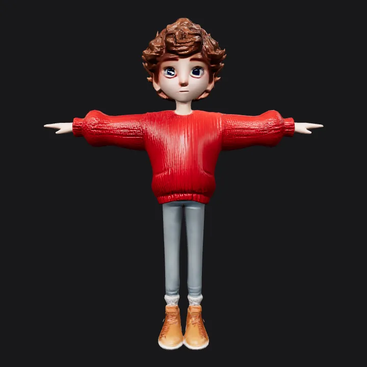 Stylized person in red sweater T-pose. smooth edges, simple geometry, game-ready, character, symmetric geometry.