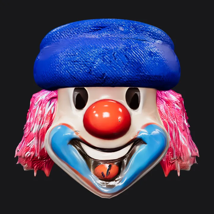 Clown head toy with red nose and blue hat. smooth edges, simple geometry, character, symmetric geometry.