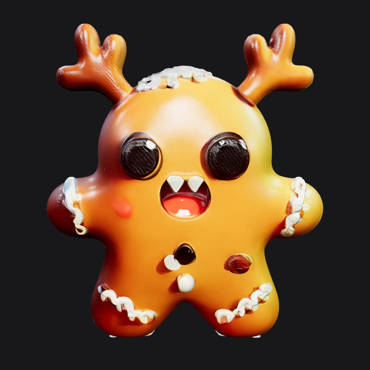 Cute gingerbread reindeer character. smooth edges, simple geometry, game-ready, character, symmetric geometry.