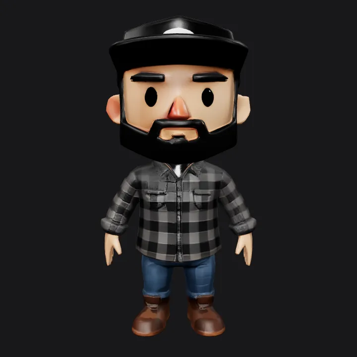 Cartoon man in casual clothes. smooth edges, simple geometry, game-ready, character, symmetric geometry.