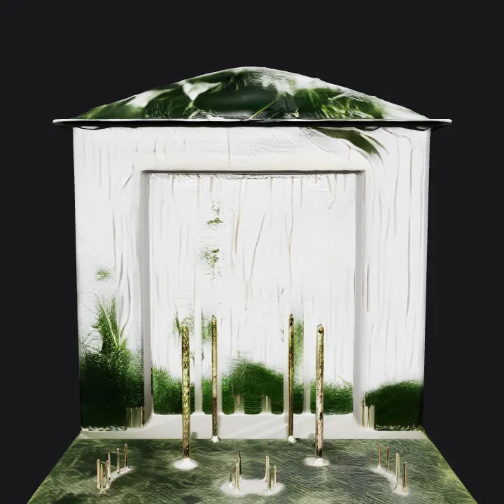 dense bushy vegetation by a water body. complex geometry, smooth edges.