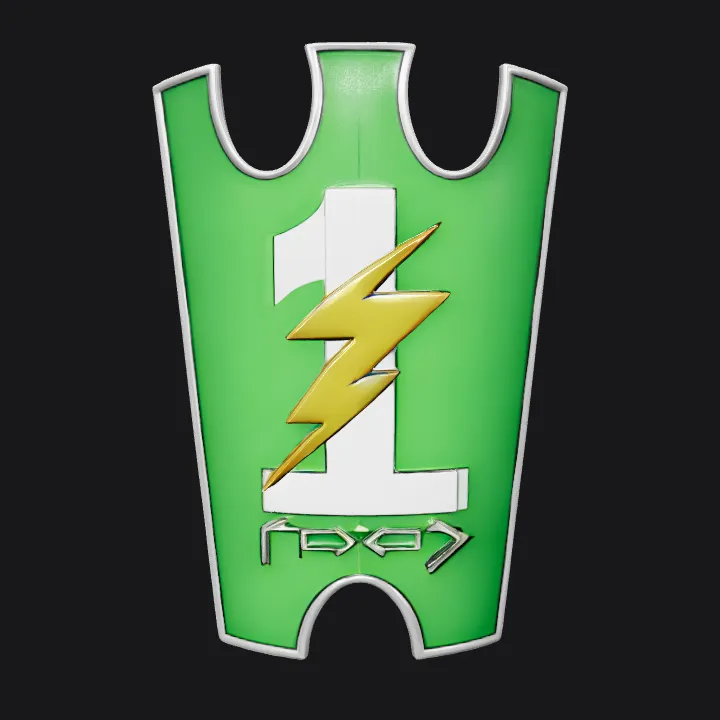 Green and black shield with number 1 and lightning bolt. smooth edges, simple geometry, symmetric geometry.