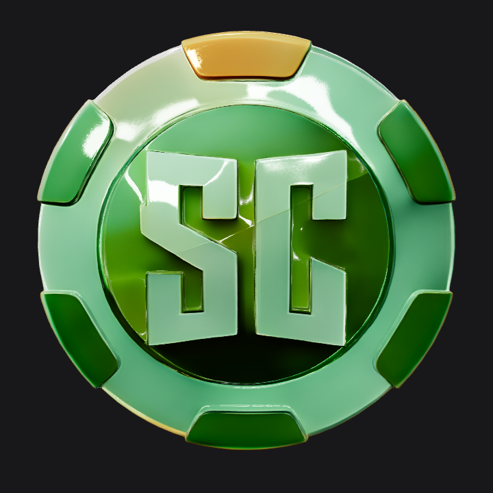 Green casino poker chip with 'SC' letters. sharp edges, simple geometry, game-ready, symmetric geometry.