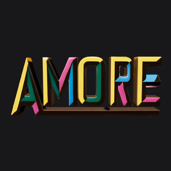 Colorful stylized AMORE text logo. sharp edges, simple geometry.