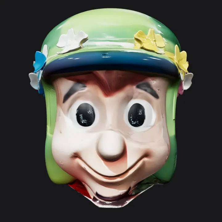 Cartoonish head with green helmet and flower crown. smooth edges, simple geometry, character, symmetric geometry.