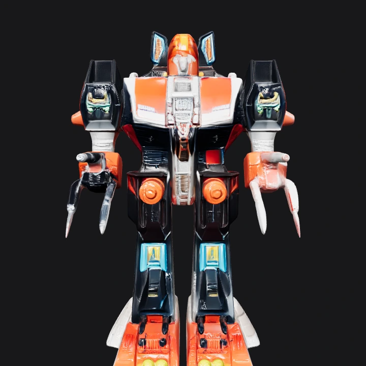 Red and black robot toy standing upright. sharp edges, complex geometry, character, symmetric geometry.