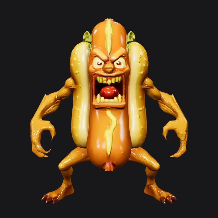 Angry anthropomorphic hot dog monster. complex geometry, sharp edges, character.