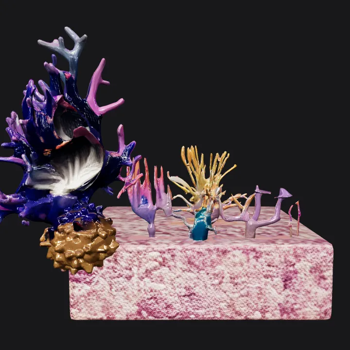 Colorful coral reef decoration collection. sharp edges, complex geometry, game-ready.