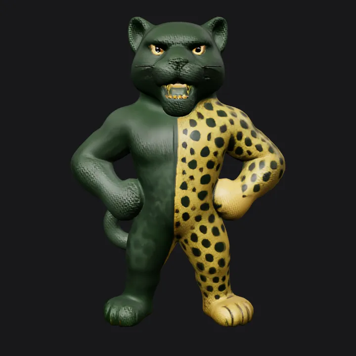 Anthropomorphic black and gold panther character. smooth edges, complex geometry, character.