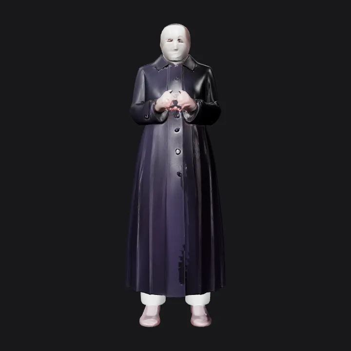 A woman in a long, dark coat. simple geometry, character, symmetric geometry.