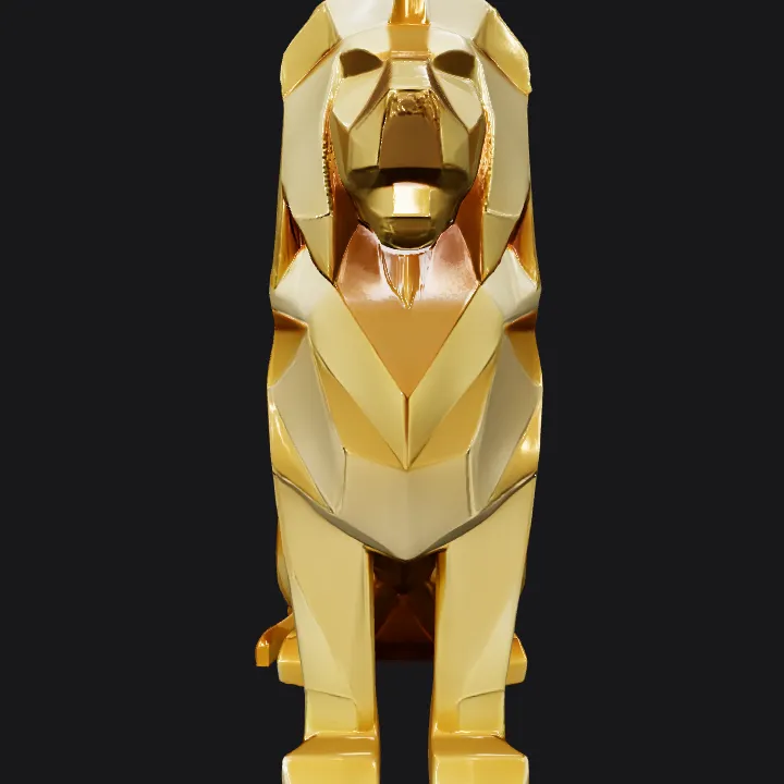 Low-poly sitting lion sculpture. sharp edges, simple geometry, game-ready, character.