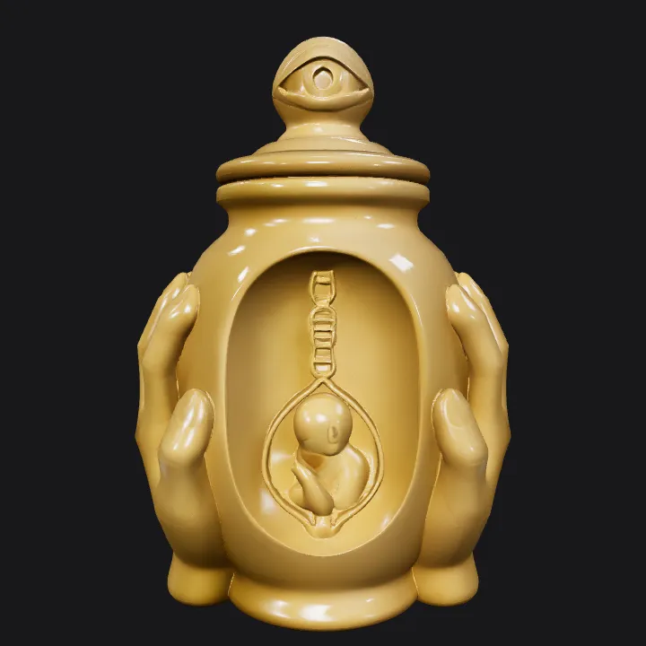 Decorative jar with hands as handles. smooth edges, complex geometry, symmetric geometry.