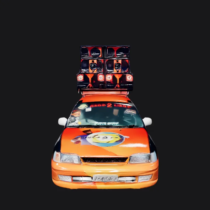 Car with large audio system setup. complex geometry, smooth edges.