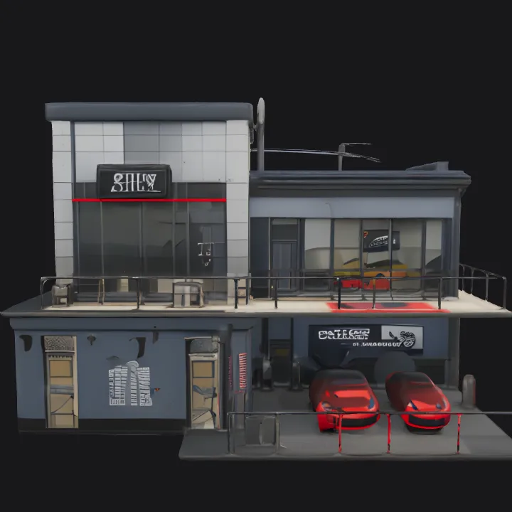 modern two-story car showroom with sports cars. sharp edges, complex geometry, game-ready.