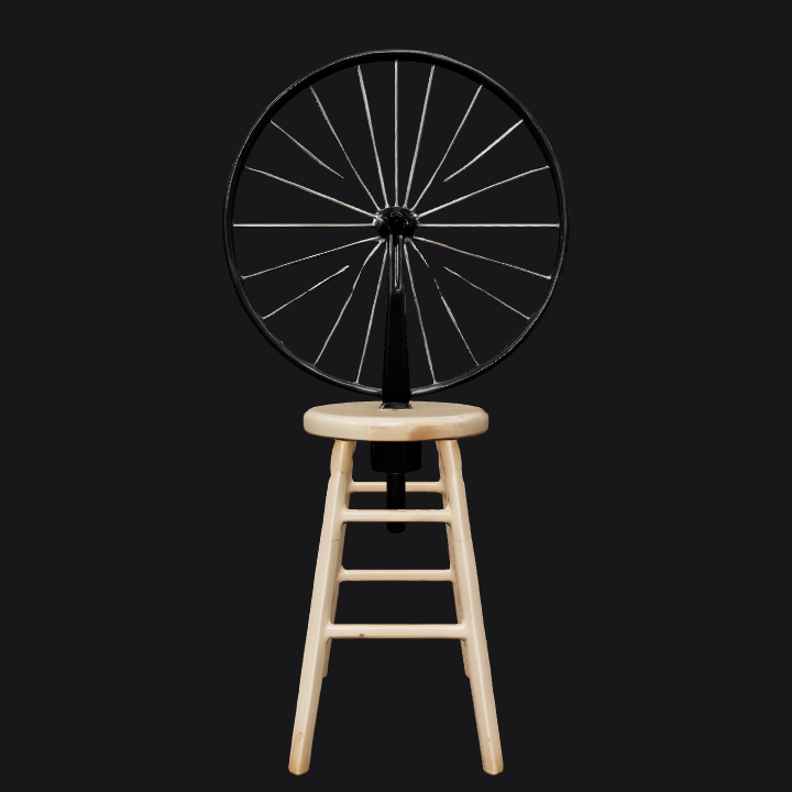 Bicycle wheel mounted on wooden stool. sharp edges, simple geometry, symmetric geometry.