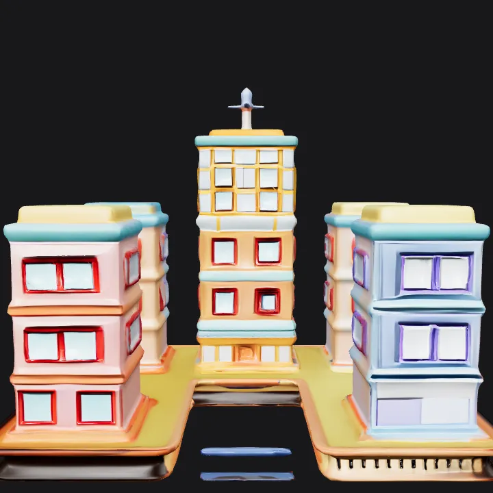 cartoon buildings on a city block. smooth edges, simple geometry, game-ready, symmetric geometry.