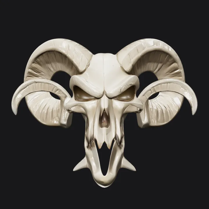 Ram skull mask with large curved horns. sharp edges, complex geometry, symmetric geometry.