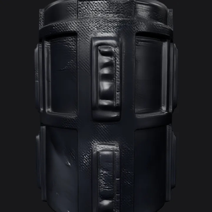 black cylindrical object with geometric patterns. sharp edges, simple geometry, symmetric geometry.