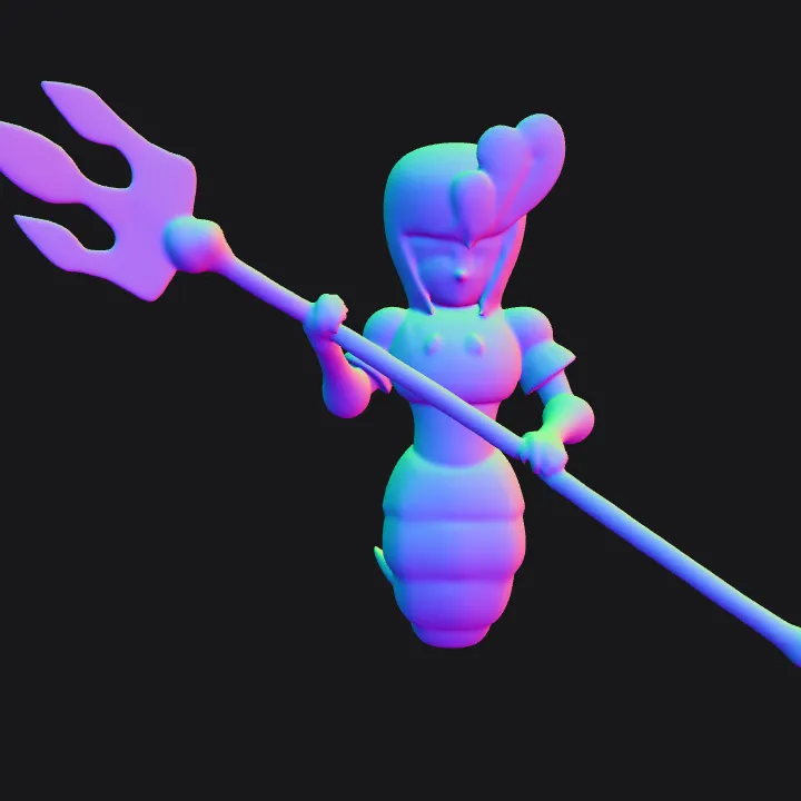 Cartoon sea warrior holding trident. smooth edges, simple geometry, game-ready, character.
