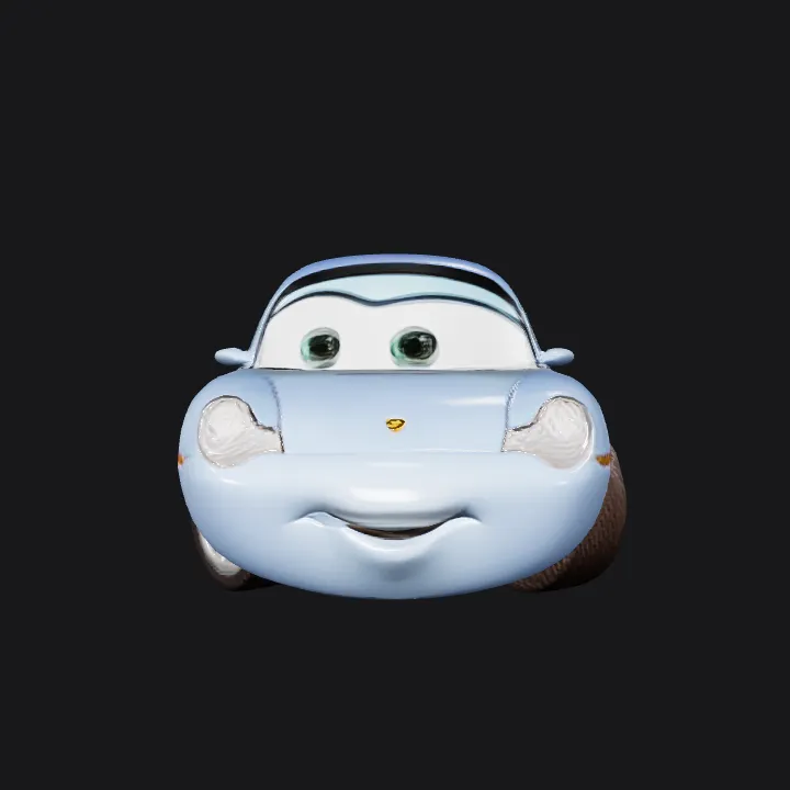 Cartoon car with a smiling face. smooth edges, complex geometry, game-ready, character, symmetric geometry.