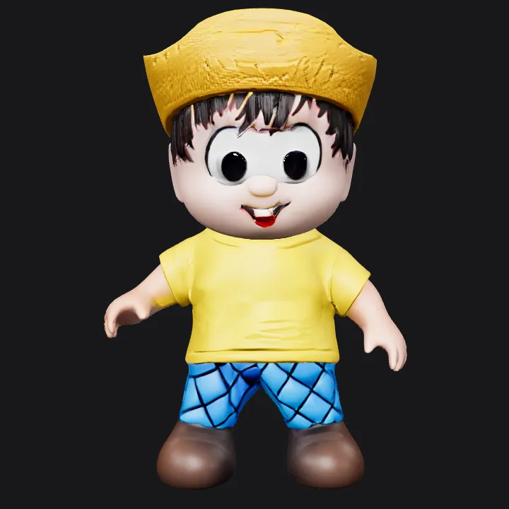 Cartoon boy with yellow hat and shirt. smooth edges, simple geometry, game-ready, character.